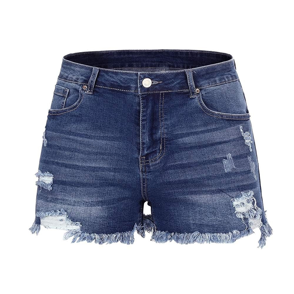 THUNDER STAR Women Mid Rise Ripped Stretchy Jeans Shorts Frayed Raw Hem Casual Denim Shorts | Amazon (US)