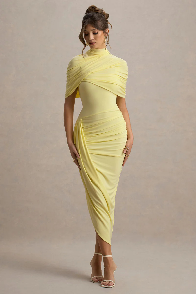 Enchant | Lemon Asymmetric Twisted Cape Maxi Dress | Club L London