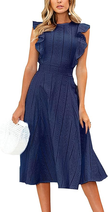 ECOWISH Womens Dresses Elegant Wedding Cocktail Ruffle Cap Sleeves Summer A-Line Midi Dress | Amazon (US)