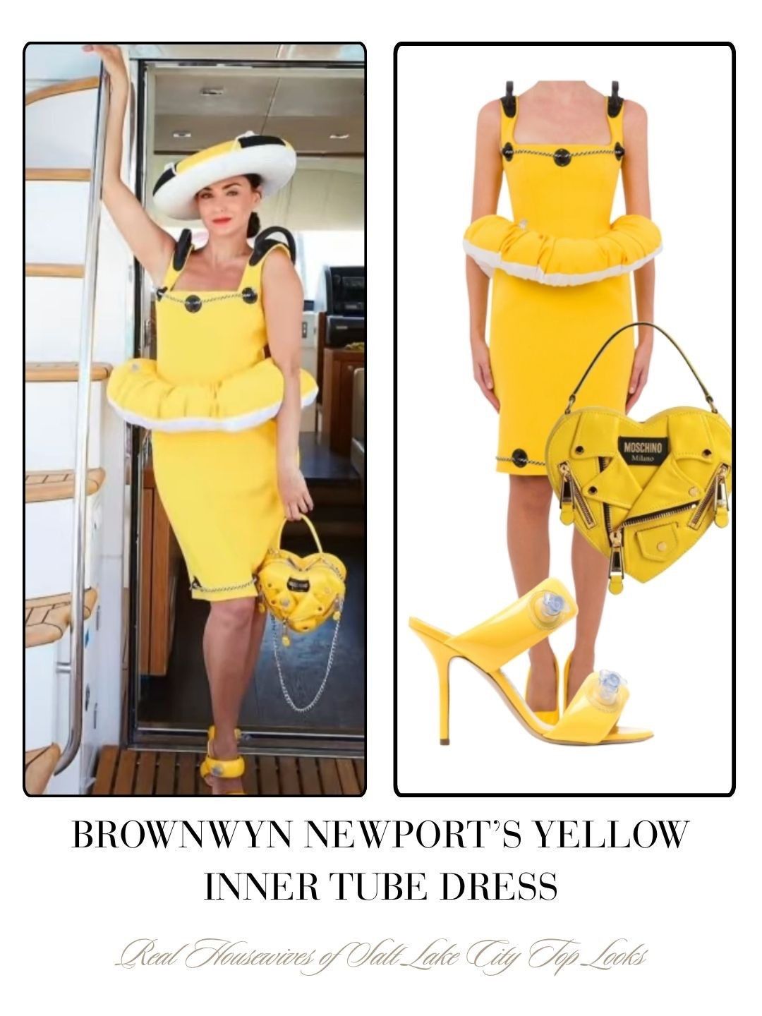 Bronwyn Newport’s Yellow Inner Tube Dress, Inflatable Shoes and Moto Heart Bag are by Moschino 📸=@bronwynnewport