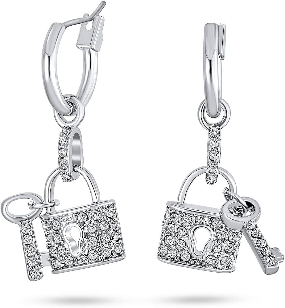 Cocktail Pave Crystal Lock And Key Charm Dangle Earrings For Women Couples Rhodium Plated | Amazon (US)