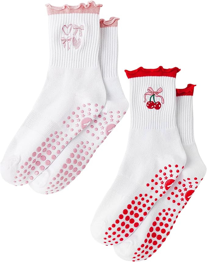 Yawlsow Cute Pilates Grip Socks for Women Ruffle Frilly Yoga Socks Non Slip Cotton Crew Grippy So... | Amazon (US)