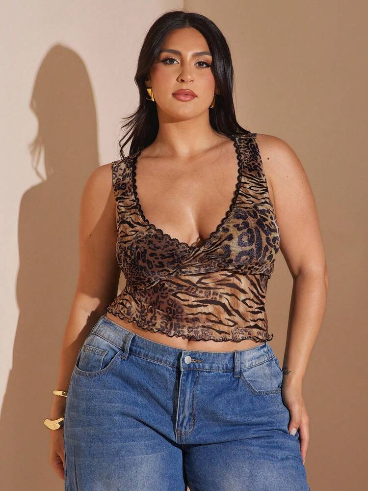 SHEIN BAE Plus Size Women Sexy Animal Print Mesh See-Through Tank Top,Fall,School,Y2k,Country,Vintage,Festival,Wedding Guest,Summer | SHEIN