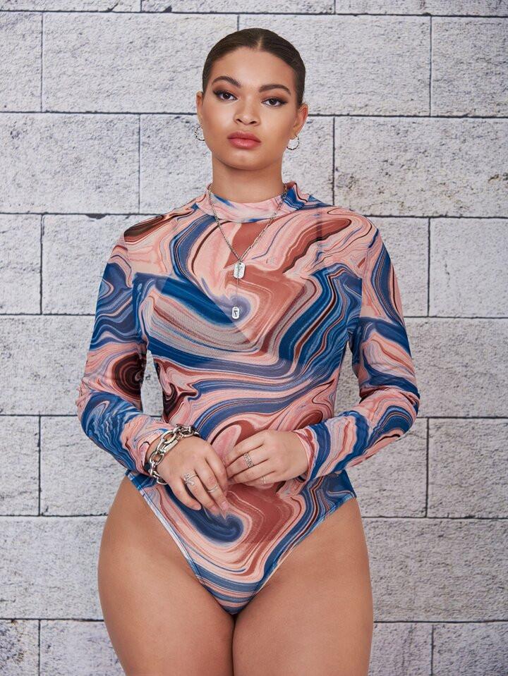 SHEIN SXY Plus Marble Print Stand Neck Bodysuit | SHEIN