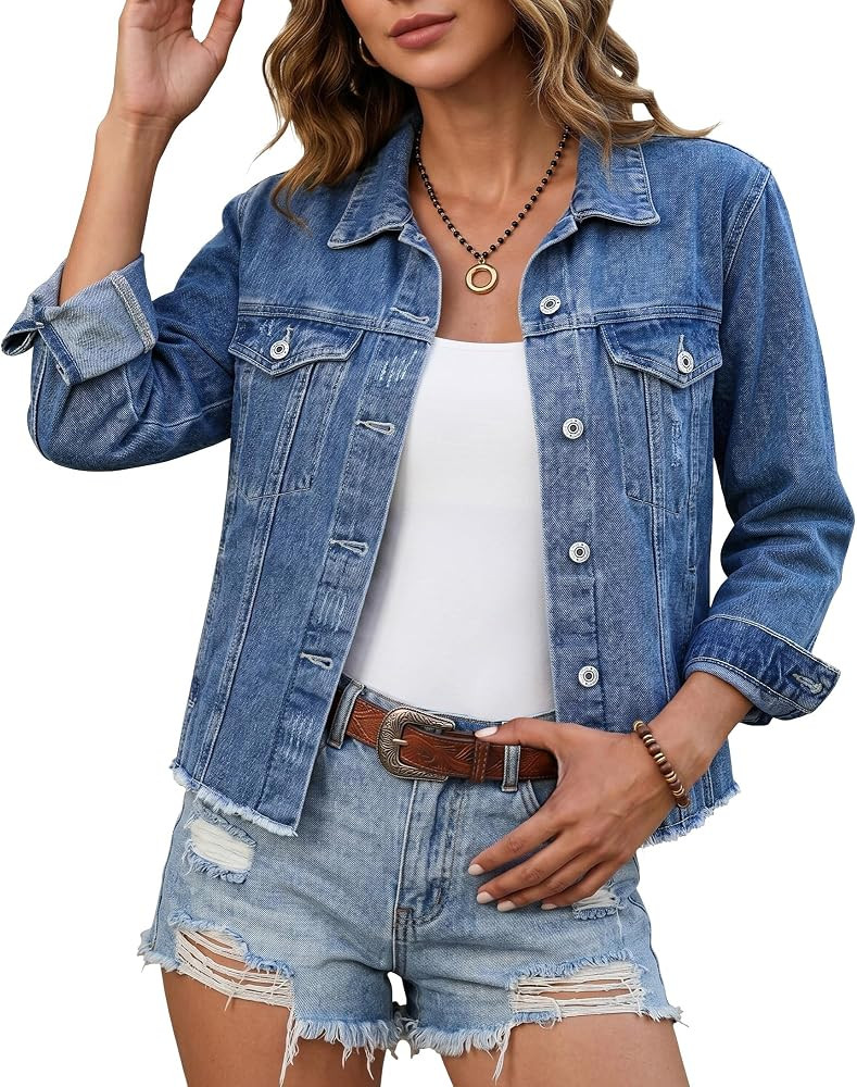 luvamia Denim Jacket for Women Distressed Jean Jackets Button Up Vintage Western Trucker Jacket F... | Amazon (US)