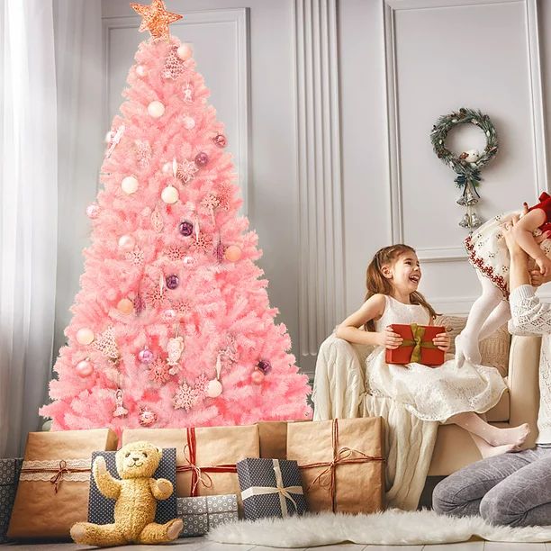 Costway 7.5Ft Hinged Artificial Christmas Tree Full Fir Tree New PVC w/ Metal Stand Pink | Walmart (US)