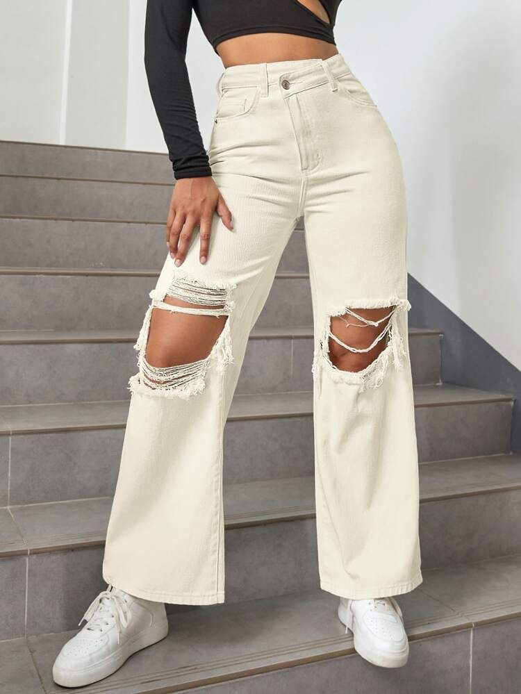 Cut Out Ripped Frayed Straight Leg Jeans | SHEIN