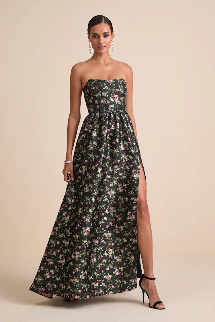 Rainie Black Floral Jacquard Strapless Lace-Up Maxi Dress | Lulus