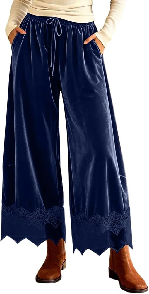 Womens Velvet Wide Leg Pants Scalloped Lace Hem Palazzo Trousers | Amazon (US)