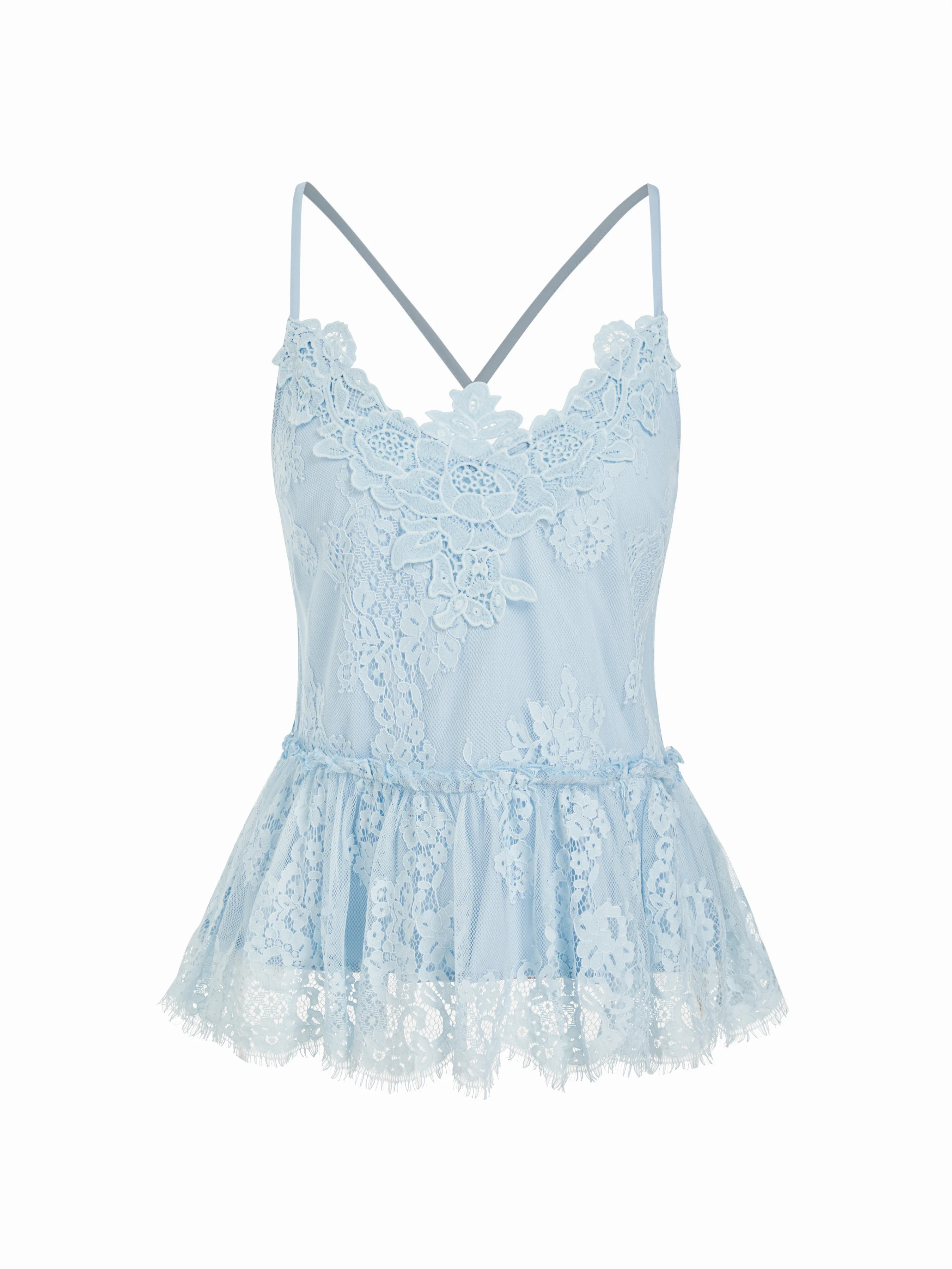 Cotton-blend V-neck Lace Panel Ruffle Hem Cami Blouse | Cider