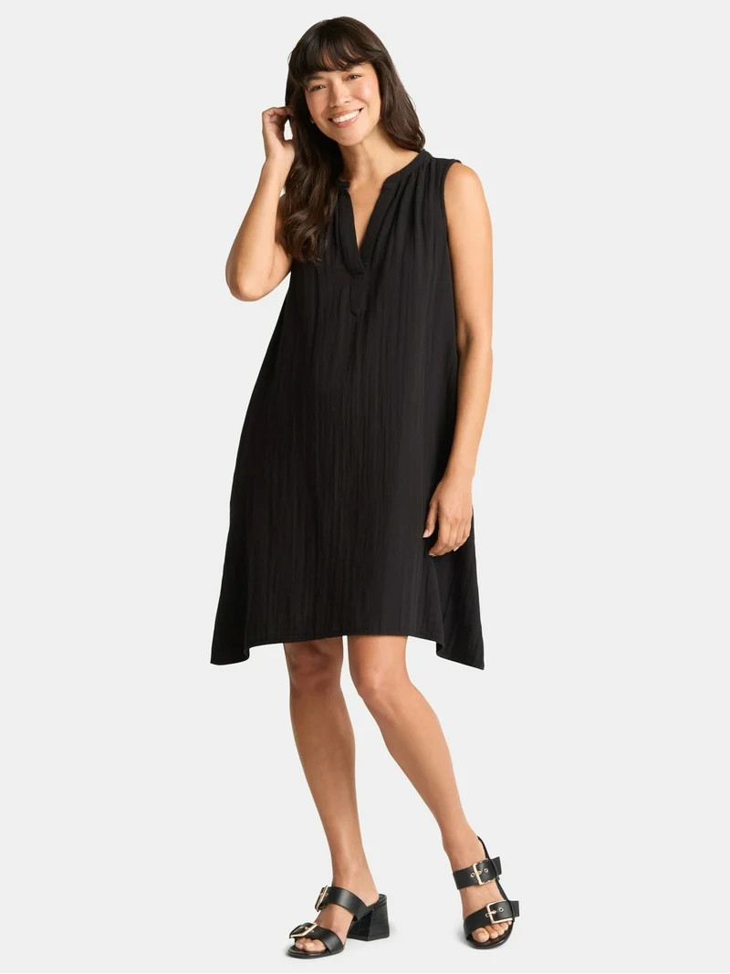 Time and Tru Women's Cotton Double Cloth Shift Dress, Sizes XS-XXXL | Walmart (US)