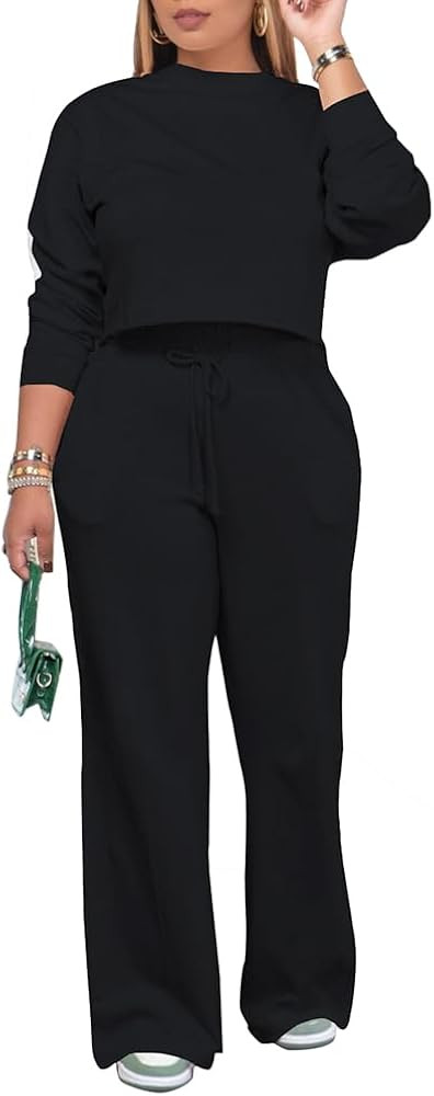 PINSV Women's 2 Piece Outfits Sweatsuit Set Long Sleeve Crop Top Drawstring Wide Leg Pants with P... | Amazon (US)