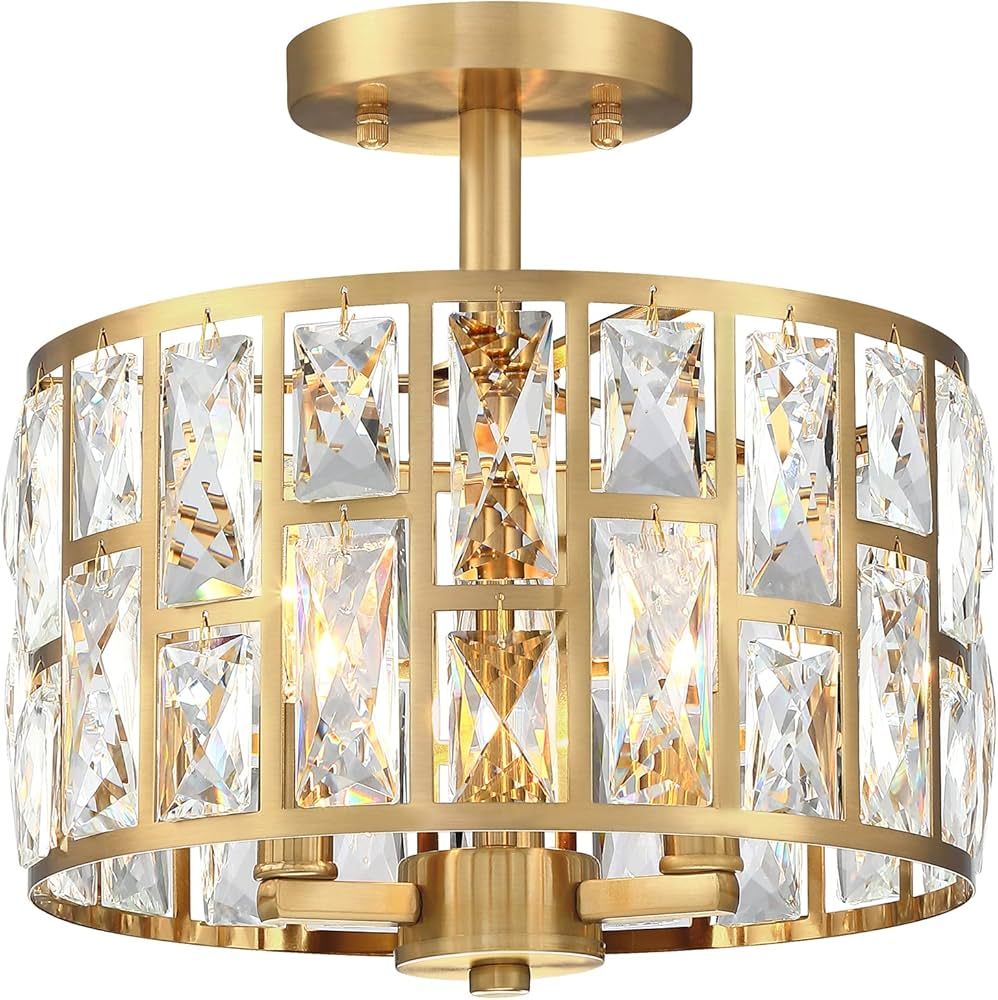 MEXO Crystal Semi Flush Mount Ceiling Light Close to Ceiling Light Fixture, Cylinder Drum Shade C... | Amazon (US)