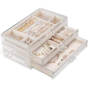 HerFav Acrylic Jewelry Organizer Box with 3 Drawers, Clear Jewelry Boxes for Women Earring Rings ... | Amazon (US)