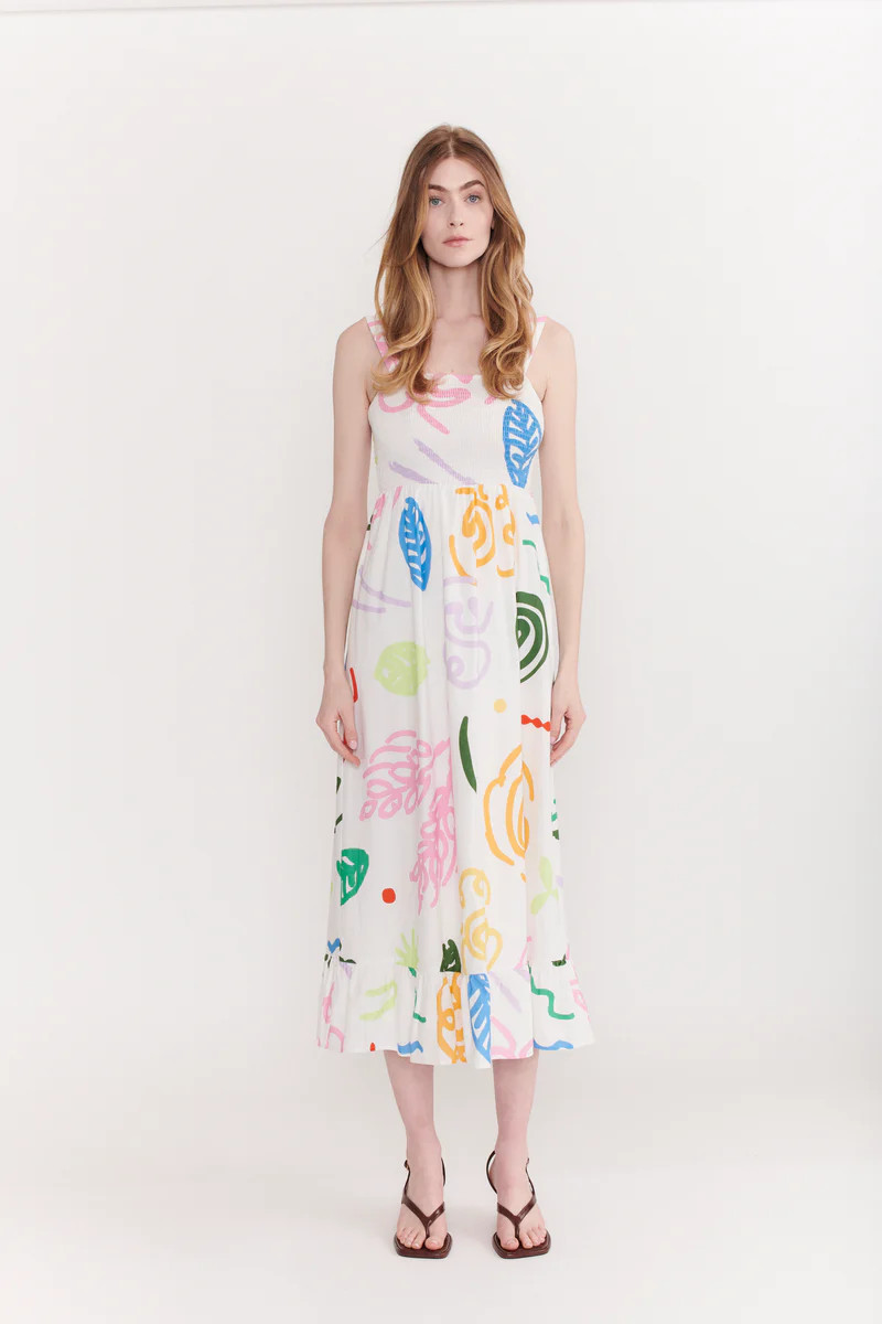 Bellamy White Sketchy Floral Midi Dress | Olivia Rubin