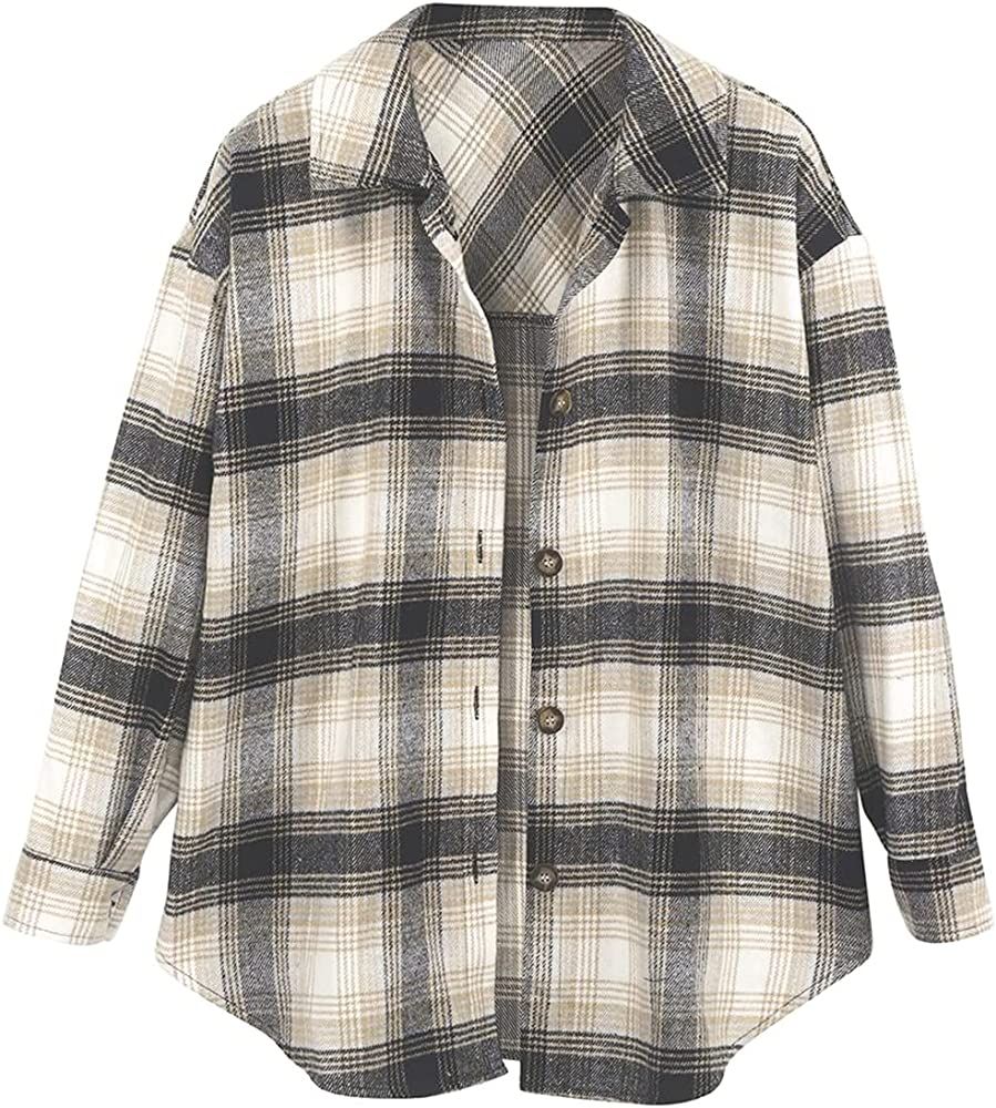 ZAFUL Women's Plaid Long Sleeve Shirt Button Down Wool Blend Thin Jacket Casual Blouse Tops with Poc | Amazon (US)