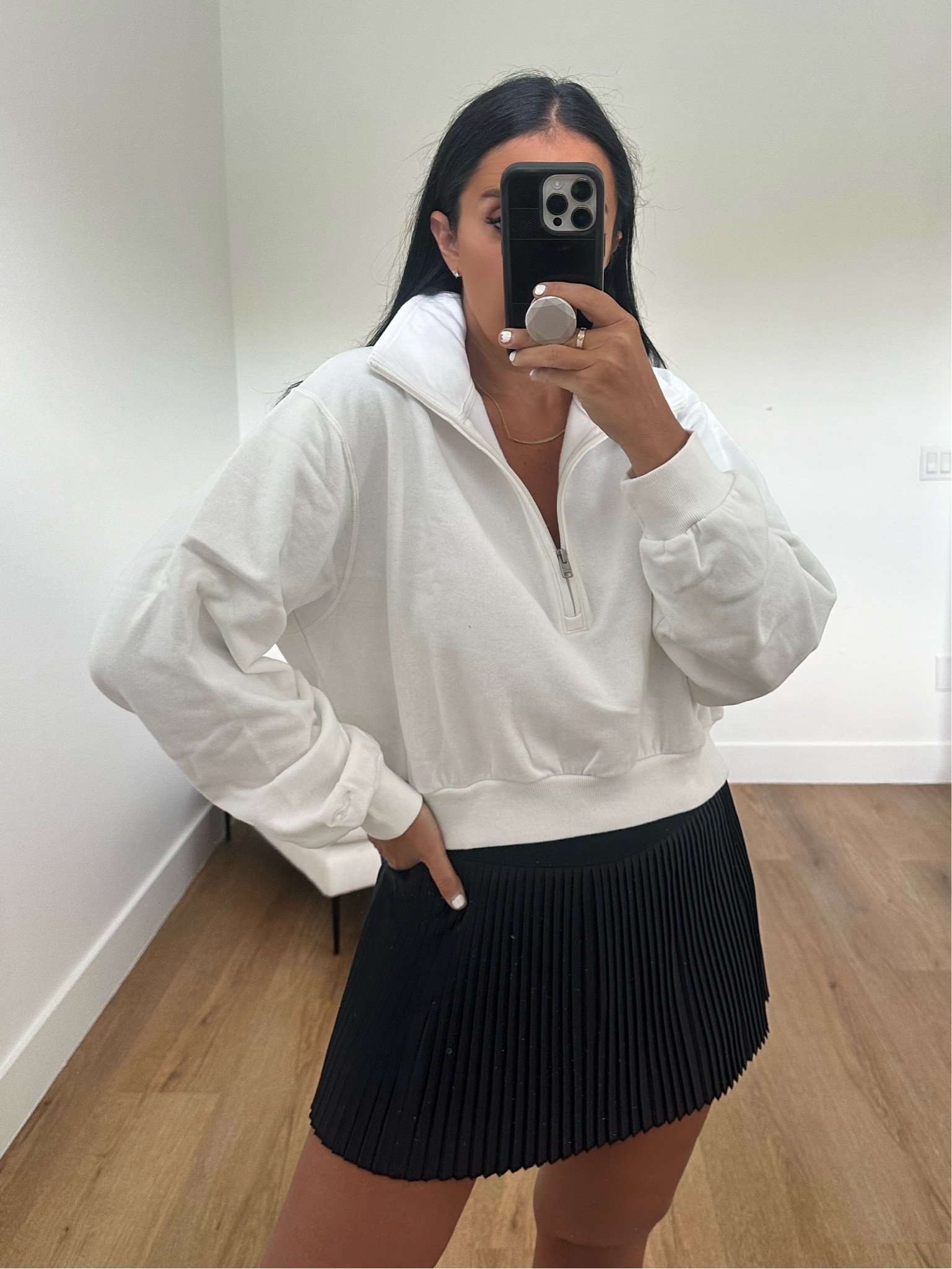 GILLY HICKS ACTIVE PLEATED SKORTIE wearing size medium. EASY MINI HALF-ZIP SWEATSHIRT wearing size medium. 
