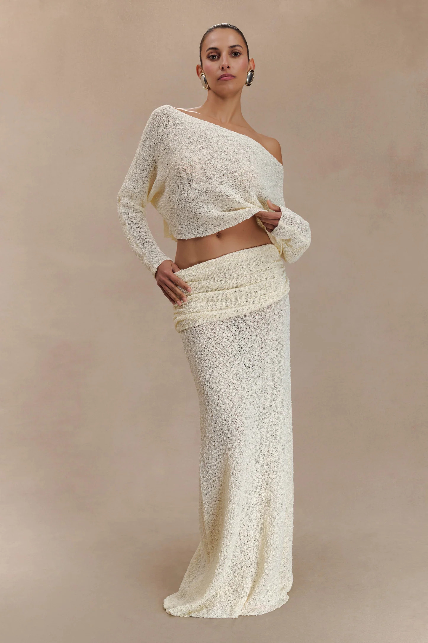 Petra Ruched Knit Maxi Skirt - Ivory | MESHKI US