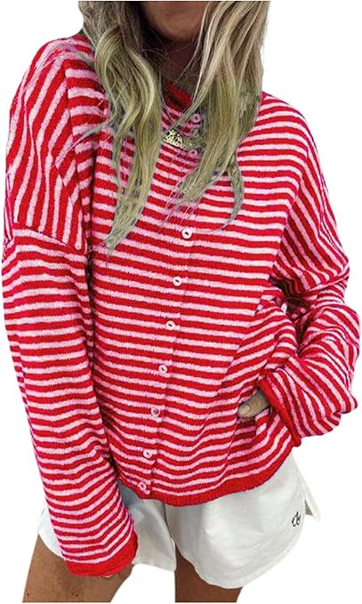 Milumia Women's Striped Button Down Cardigan Sweater Long Sleeve Crewneck Loose Knit Tops | Amazon (US)