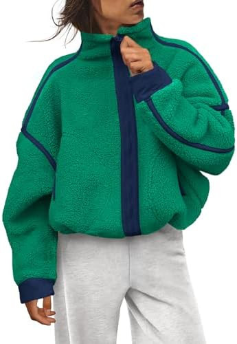 LAMISSCHE Zip up Fleece Jacket Women Oversized Mock Neck Sherpa Sweatshirt Striped Long Sleeve Pu... | Amazon (US)