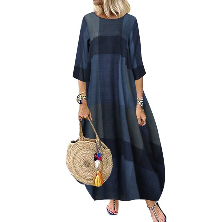 ZANZEA Women 3/4 Sleeve Kaftan Check Dress Plaid Printed Maxi Dresses | Walmart (US)