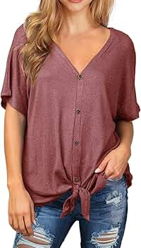 Womens Waffle Knit Tunic Blouse Tie Knot Short Sleeve Henley Tops Loose Fitting Bat Wing Shirts | Amazon (US)