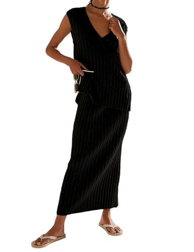 SCUSTY Women's 2 Piece Sweater Skirt Sets Sleeveless V Neck Knit Ribbed Vest Tops Midi Skirt | Amazon (US)