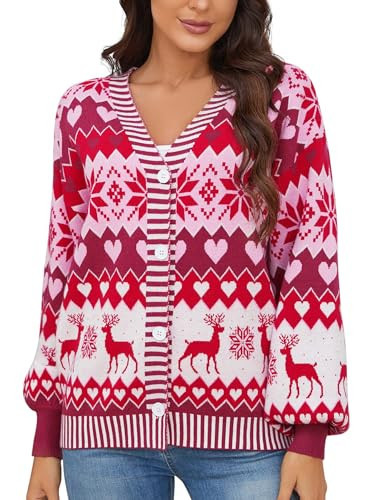 Red Christmas Sweaters for Women Fun Reindeer Patterns Cute Cardigans Long Sleeve Merry Funny Winter Open Front Knit Sweaters Large | Amazon (US)