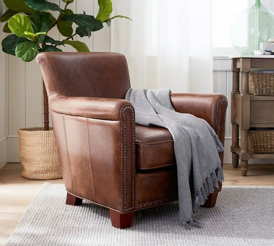 Irving Roll Leather Armchair with Seadrift Frame, Polyester Wrapped Cushions, Burnished Saddle | Pottery Barn (US)