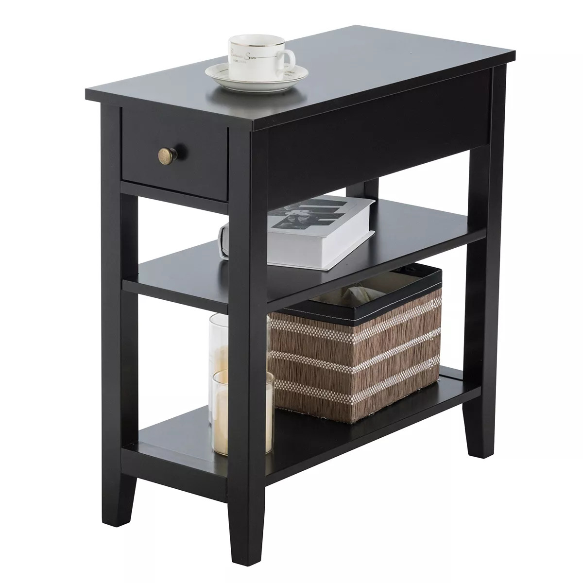3Tier Nightstand Bedside Table Sofa Side End Table w/Double Shelves Drawer Black | Target