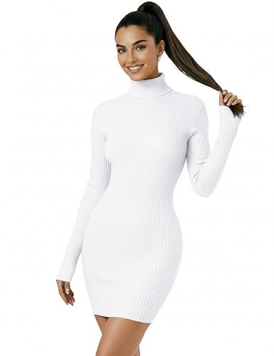 v28 Women Turtleneck Long Sleeve Bodycon Fall Winter Mini Slim Knit Sweater Dress(S,White) | Amazon (US)