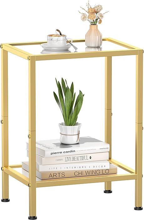 Gold Side Table, Tempered Glass End Table, 2-Tier Nightstands with Open Shelves, Small Coffee Tab... | Amazon (US)