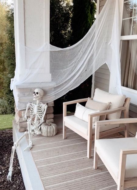 Simple Halloween porch decor. I just used one giant gauze cloth ($10 at Target) and a 60” possible skeleton ($40 at Target). Both are currently in stock! 

#LTKhome #LTKSeasonal #LTKHalloween