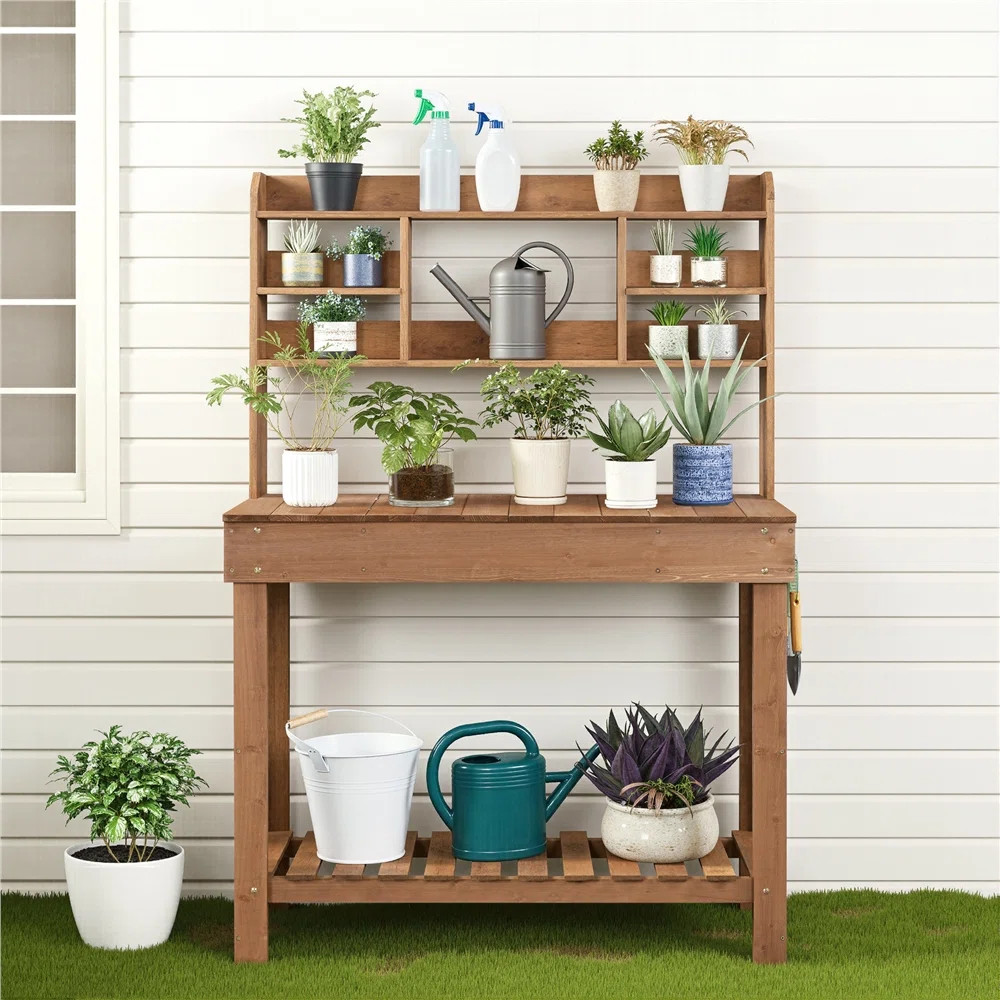 Kubilay Fir Potting Bench with Display Rack | Wayfair North America