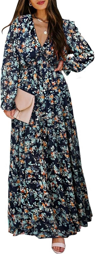 BLENCOT Womens Casual Floral Deep V Neck Long Sleeve Long Evening Dress Cocktail Party Maxi Weddi... | Amazon (US)