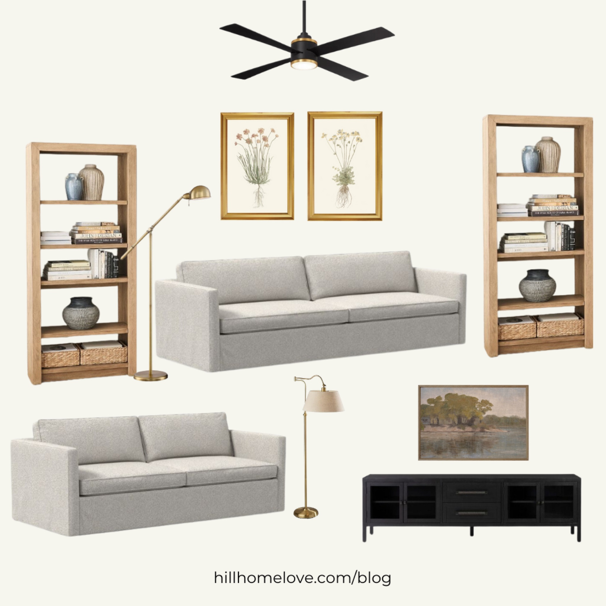 Living room makeover design idea! For a modern traditional style with golds, warm woods, and vintage-flair. More details on HillHomeLove.com  