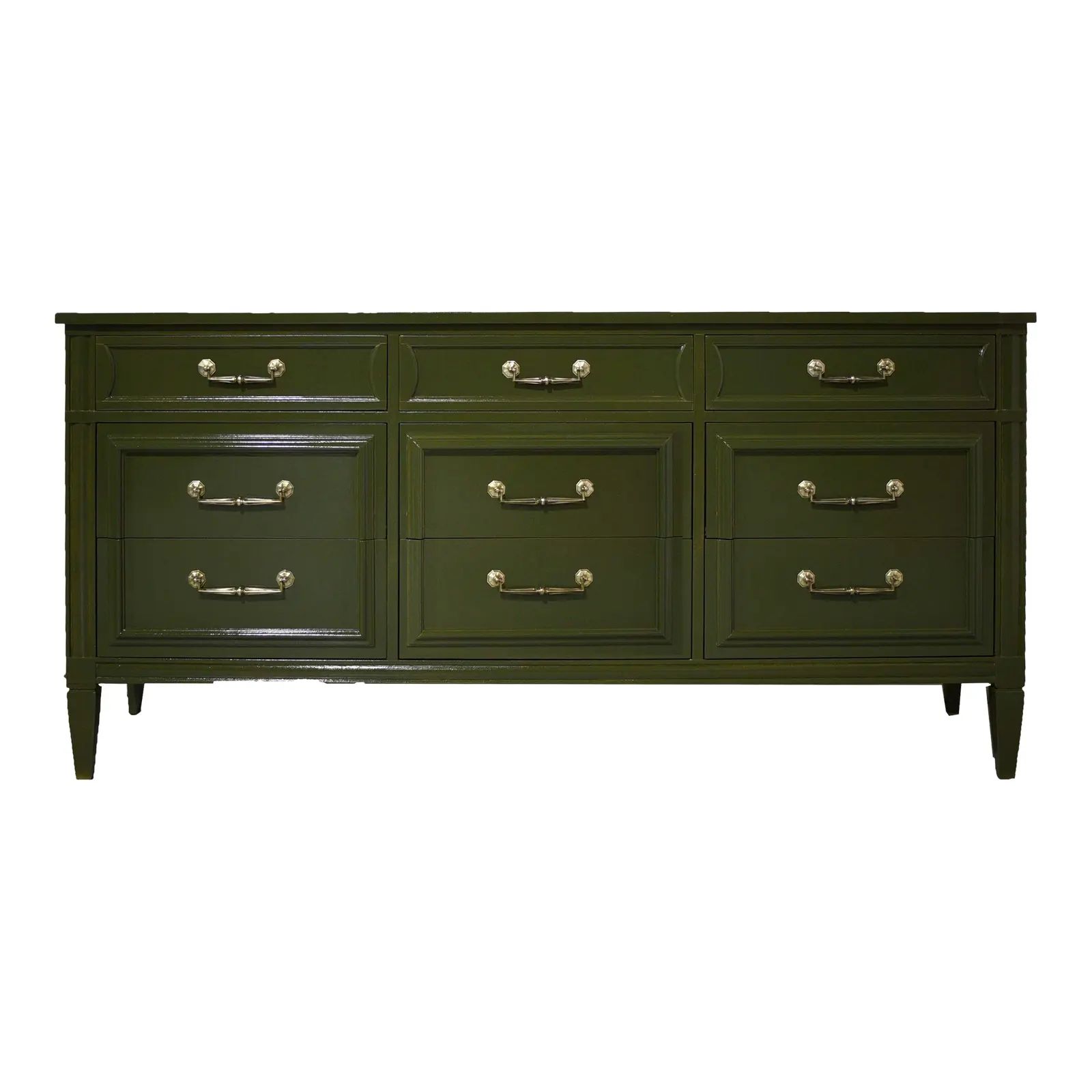 Mid Century Transitional 9 Drawer Dresser in Olive Green by National Mount Airy - Newly Painted | Chairish