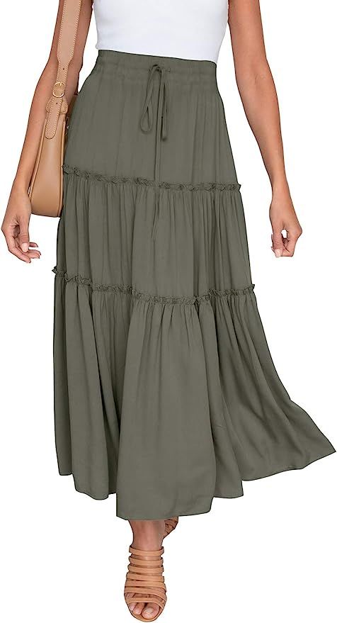 HAEOF Women's Boho Elastic High Waist A Line Ruffle Swing Beach Maxi Skirt with Pockets | Amazon (US)