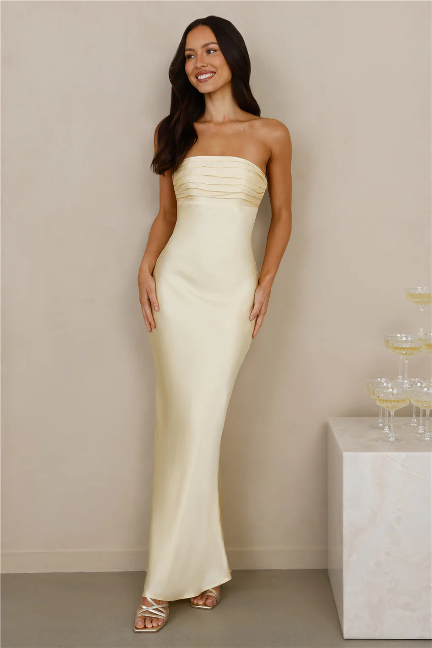 The Seraphina Strapless Satin Maxi Dress Yellow | Hello Molly (US)