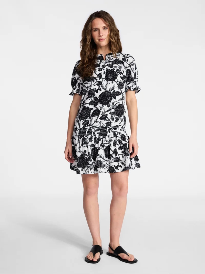 Time and Tru Women's Cotton Double Cloth Mini Dress with Drop Waist, Sizes XS-XXXL | Walmart (US)