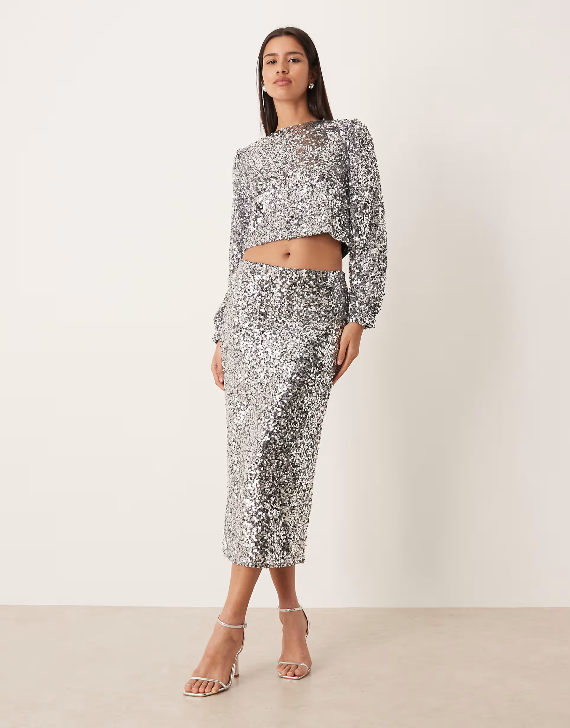 Vila sequin midi skirt in silver - part of a set | ASOS (Global)