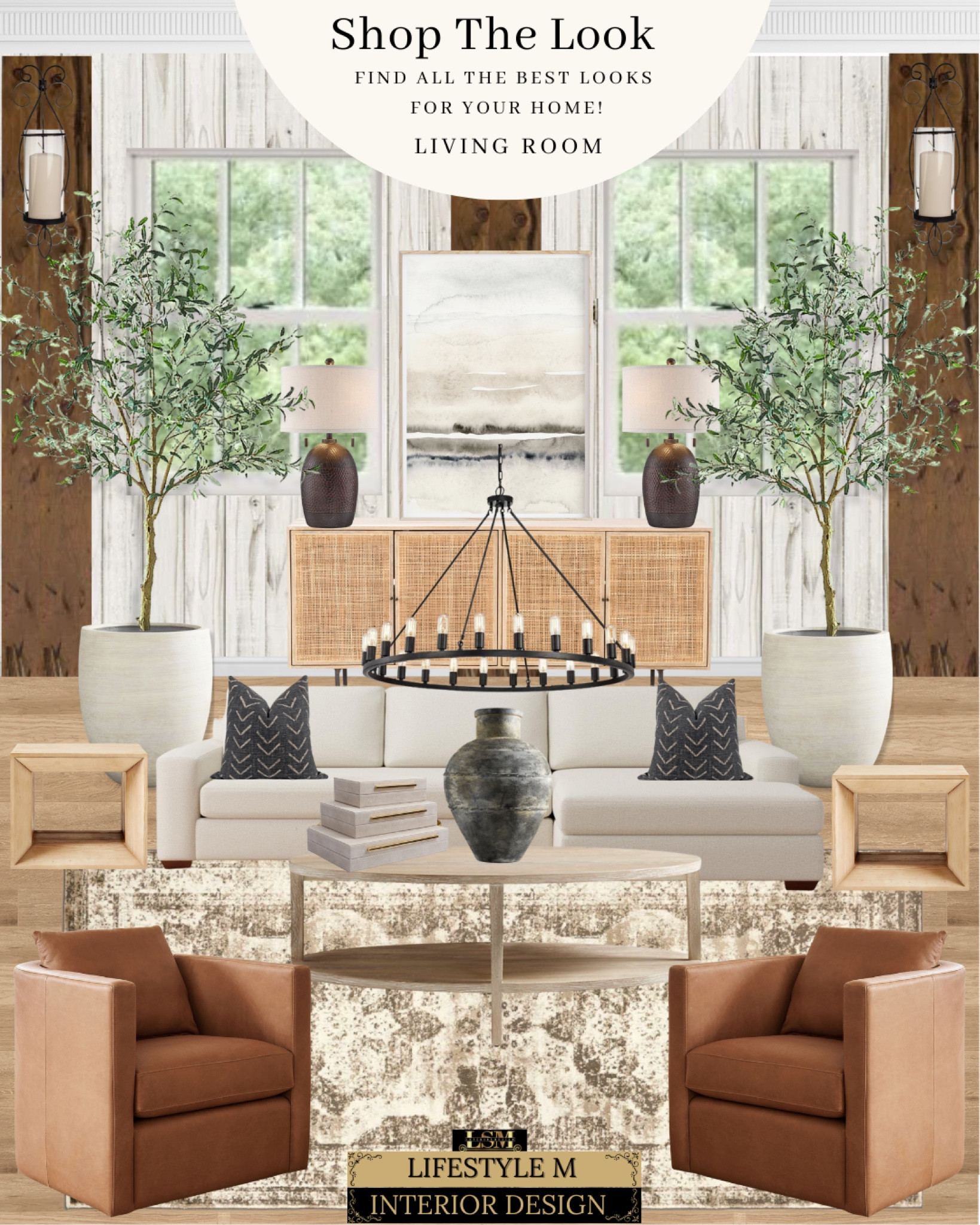 Modern farmhouse living room design idea. Wood round coffee table, square wood end table, brown leather accent chair, brown traditional rug, black vase, white storage decor box, black throw pillow, white sectional sofa, white tree planter pot, faux olive tree, black table lamp, wheel chandelier, lantern candle wall sconce, rattan wood console table, white all art

#LTKFind #LTKstyletip #LTKhome
