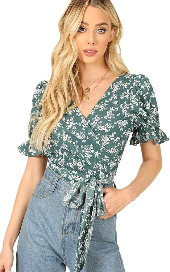 SheIn Women's V Neck Short Sleeve Self Tie Wrap Floral Crop Tops Blouse | Amazon (US)