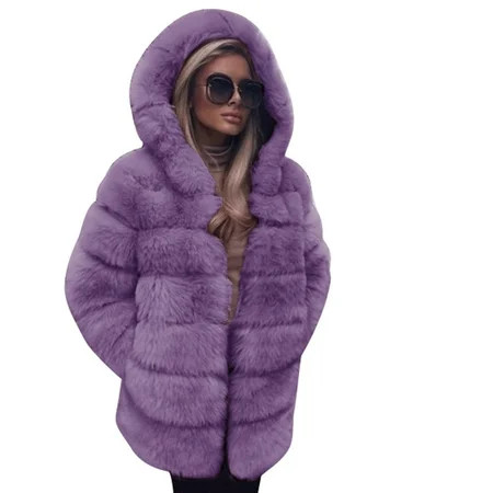 auroraX Women Luxury Faux Fur Coat Hooded Autumn Winter Warm Overcoat Purple S | Walmart (US)