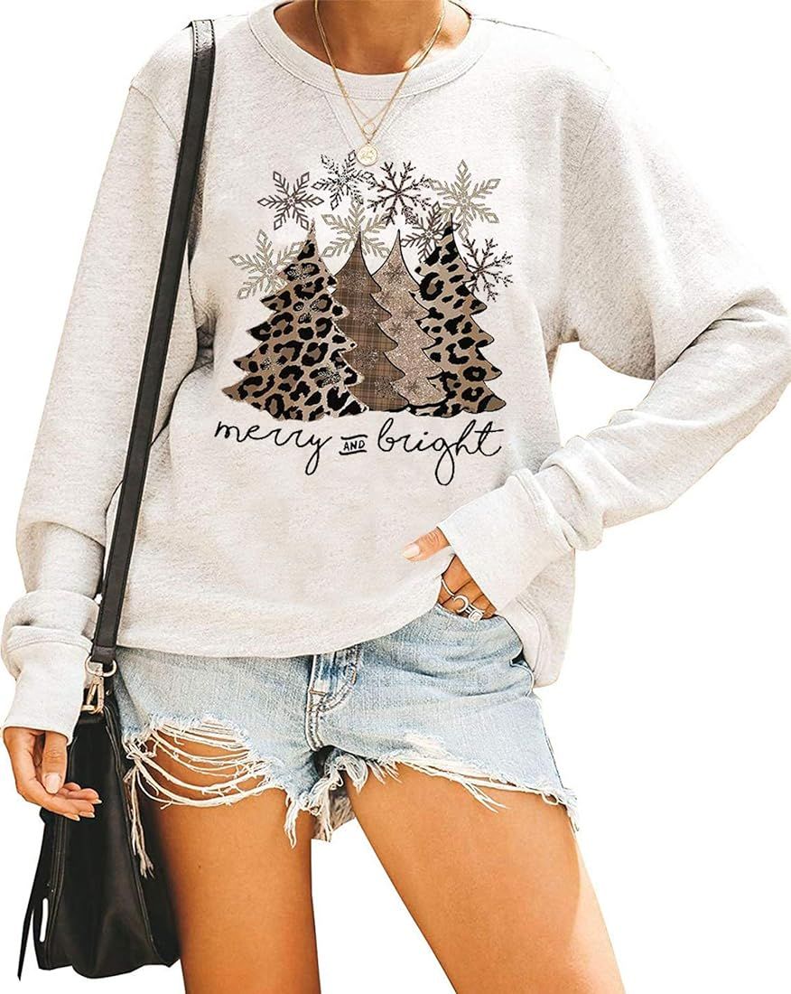 Leopard Christmas Tree Snowflake Merry and Bright Sweatshirt Womens Xmas Holiday Funny Letter Pri... | Amazon (US)
