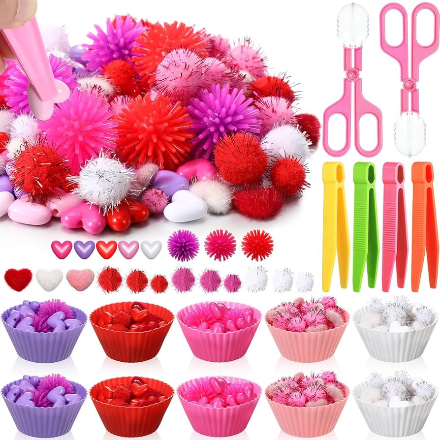 752 Pcs Valentine Fine Motor Skills Sensory Bin Filler Includes 100 Heart Acrylic Gems 618 Pom Po... | Amazon (US)