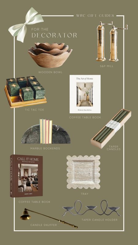 Gift guide for the decorator on your list. Wooden bowls, coffee table books, salt and pepper mills, fancy tic tac toe, bookends, green taper candles, vintage brass candle snuffer, decorative pieces

#LTKSeasonal #LTKHolidaySale #LTKGiftGuide