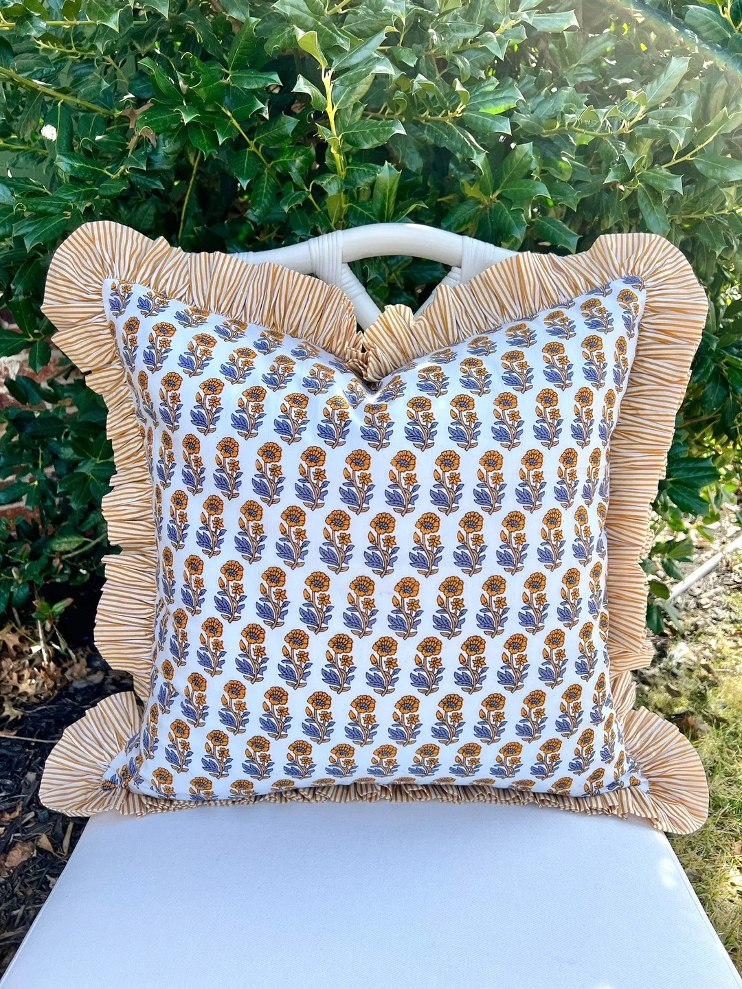 Yellow and Blue Block Print Pillow Cover With Ruffle Trim - Etsy | Etsy (US)