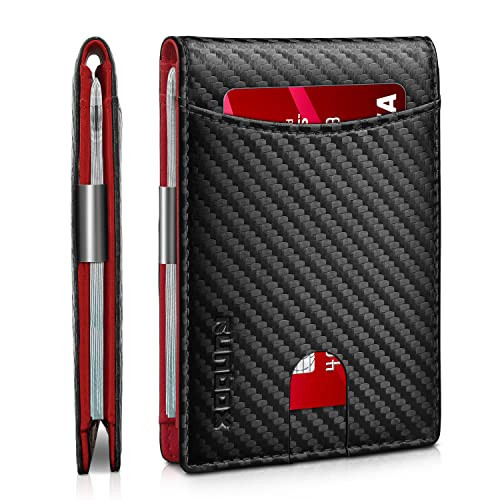 RUNBOX Red Wallet for Men Slim 11 Credit Card Holder Slots Leather Money Clip RFID Blocking Small Men's Wallet Bifold Minimalist Gift Box Carbon | Amazon (US)
