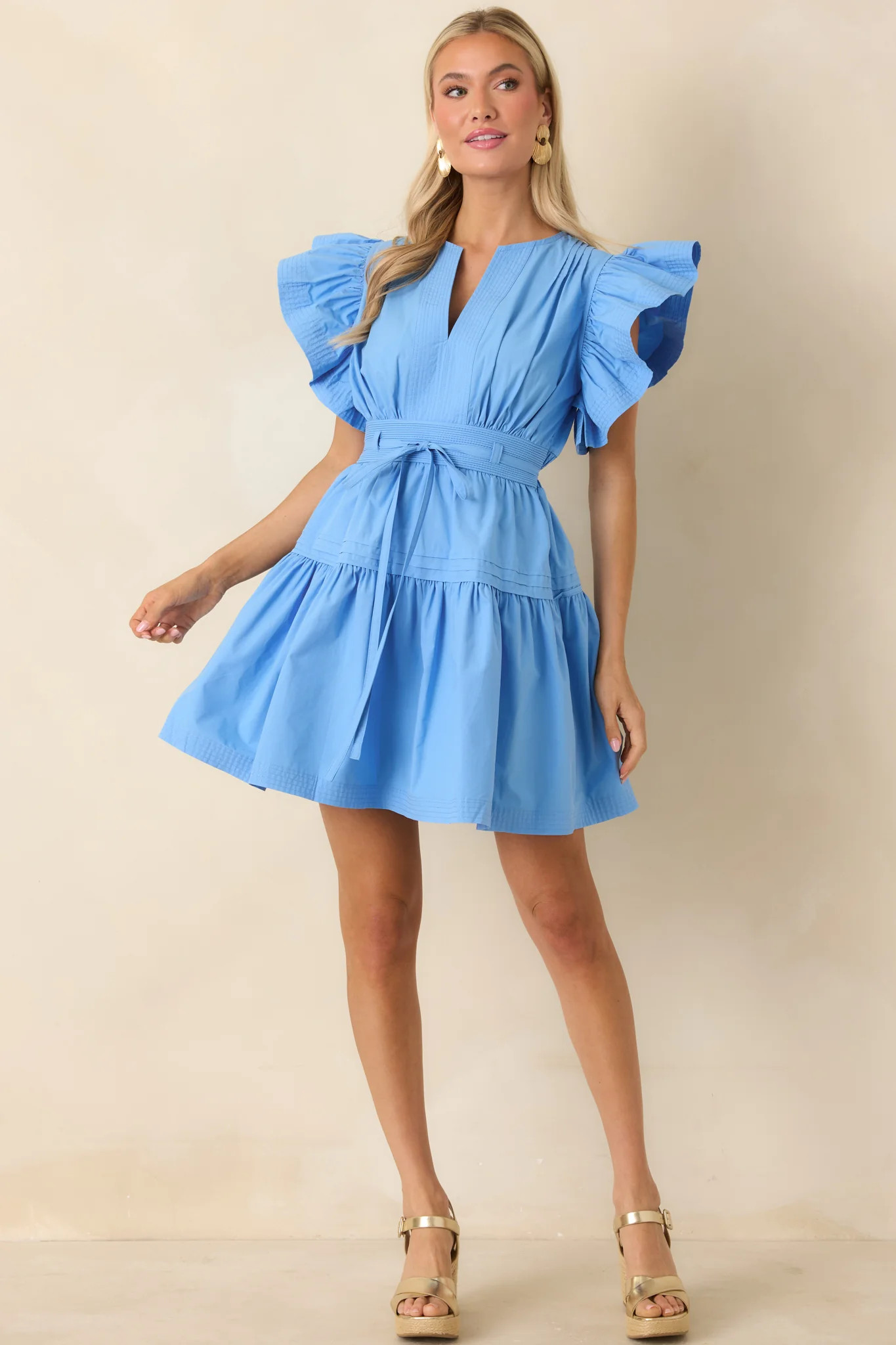 What a Lovely Day Blue Cotton Flutter Sleeve Tie Waist Mini Dress | Red Dress